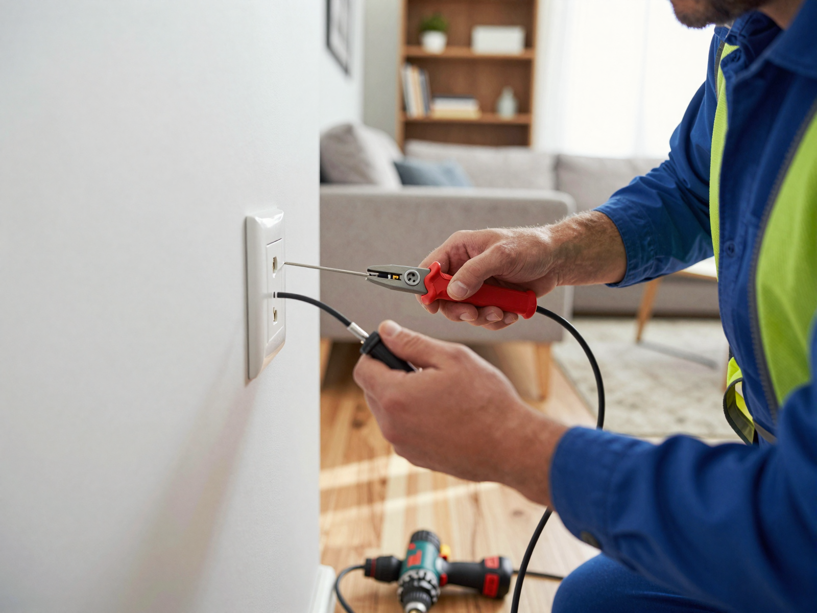 Electrician installing electrical outlet in residential home